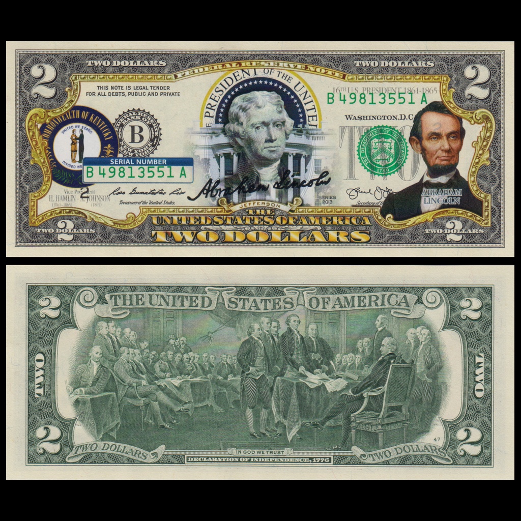 麥擱問阿 全新真鈔彩色版冊裝 亞伯拉罕 林肯 2美元 肯塔基州 奴隸 南北戰爭 紀念 美金 美元 鈔票 美國 非現行流通