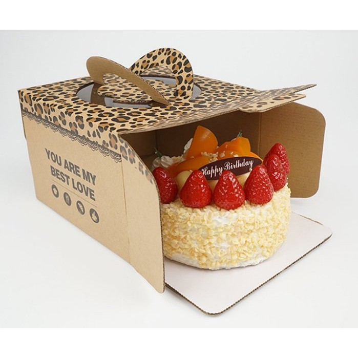 【幸福舖(3入裝) 8吋狂野豹紋手提蛋糕盒 超厚款牛皮紙生日蛋糕 烘焙包裝盒 蛋塔盒 月餅 戚風/起司/奶油手提蛋糕盒