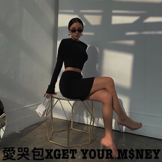 💗｜愛哭包｜歐美大地色洋派修身長袖短版上衣+高腰包臀蜜桃短裙套裝