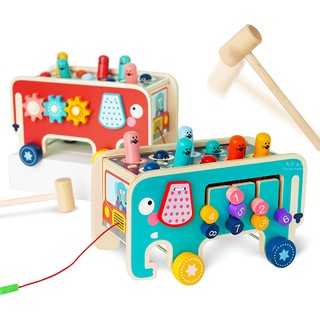 [現貨]雙色大象打地鼠木製啟蒙拉車 幼兒玩具 木製玩具 益智玩具 啟蒙玩具