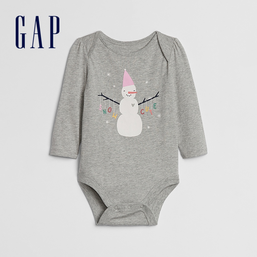 Gap 嬰兒裝 圓領長袖包屁衣-麻灰色(525849)