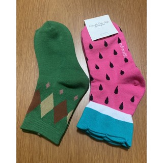 韓國襪子 短襪 踝襪 綠色菱格紋襪 桃紅西瓜襪2雙80
