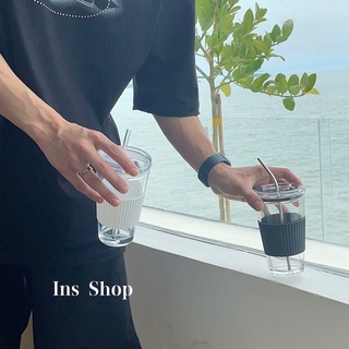 ins簡約玻璃吸管杯韓系夏季早餐杯學生便攜咖啡杯帶蓋辦公室水杯