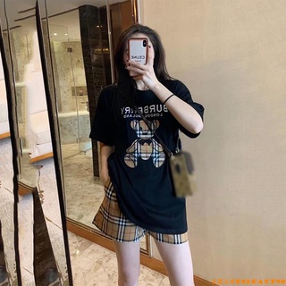 【臺灣出貨】韓版圓領卡通印花短袖上衣+休閒鬆緊腰格子短褲兩件套 居家外穿兩件套裝 短袖短褲 休閒運動套裝 女生衣著 上衣