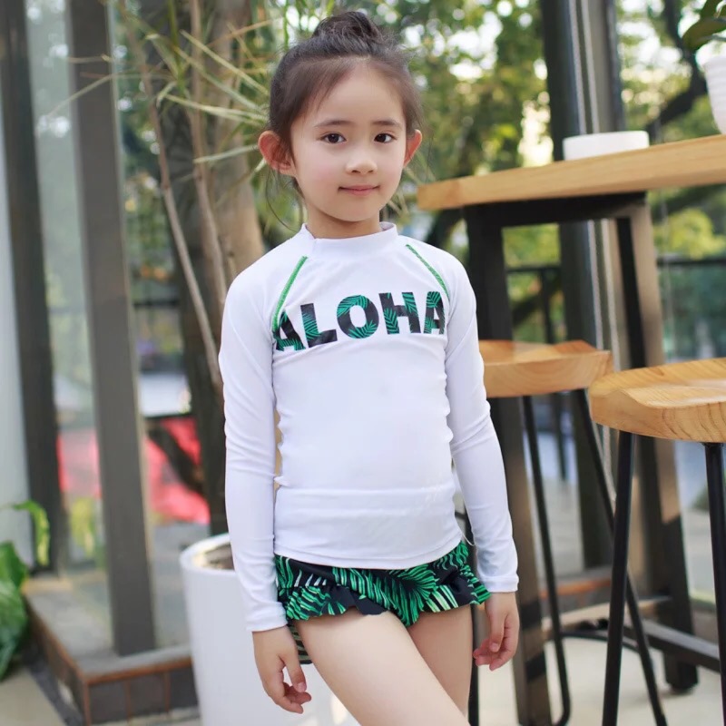 韓版兒童泳衣aloha夏威夷葉子葉分體泳衣女童三件式長袖防曬衣比基尼小孩泳衣