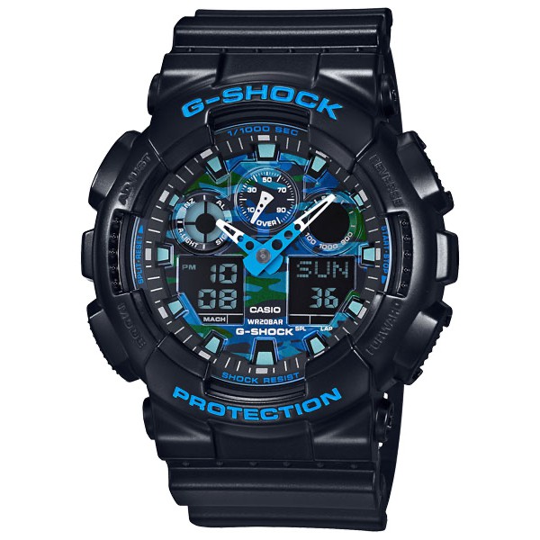 G-SHOCK超人氣迷彩雙顯電子錶（藍X黑酷炫配色）_ GA-100CB-1A