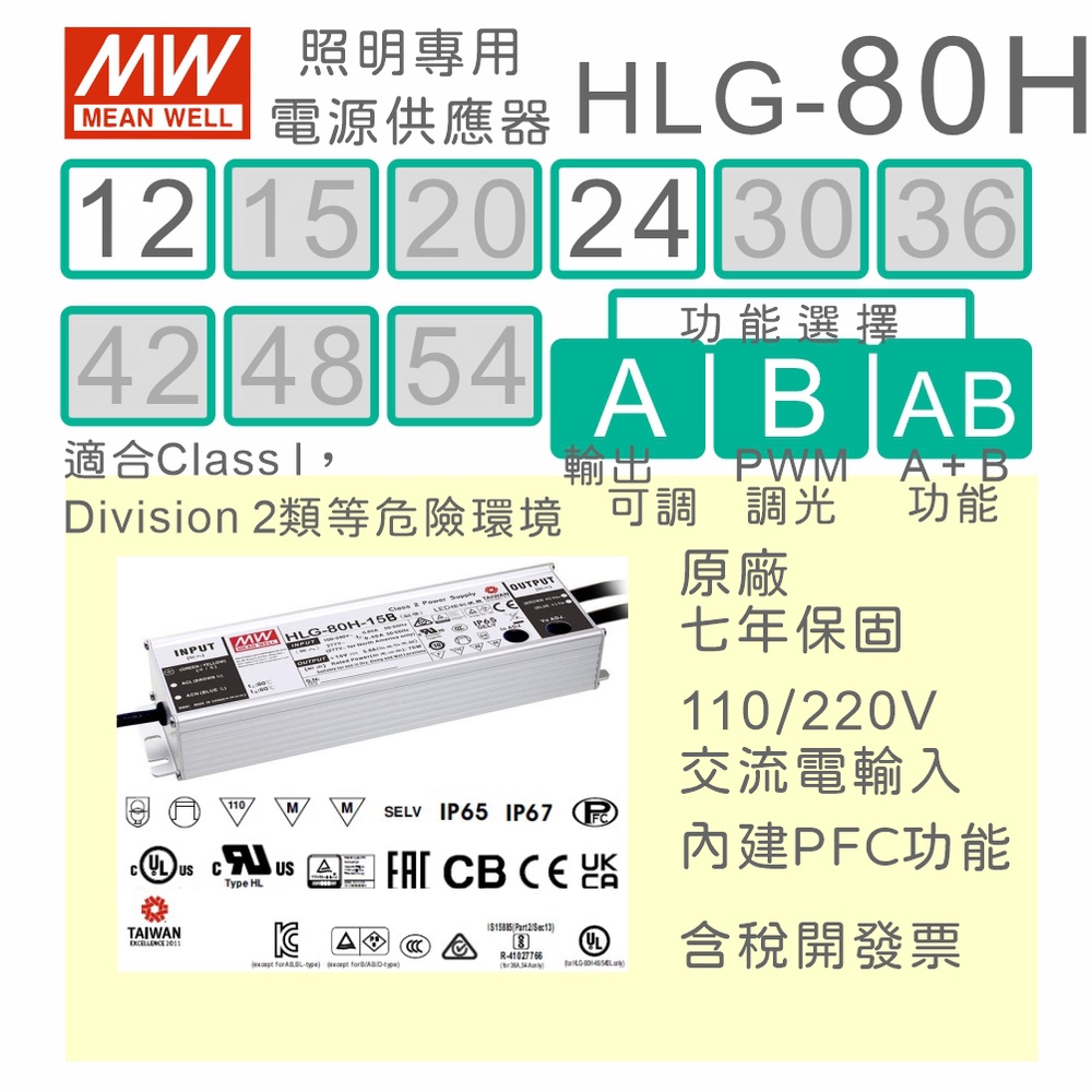 【保固附發票】MW明緯 80W LED Driver 照明電源 HLG-80H-12 12V 24 24V 驅動器 路燈