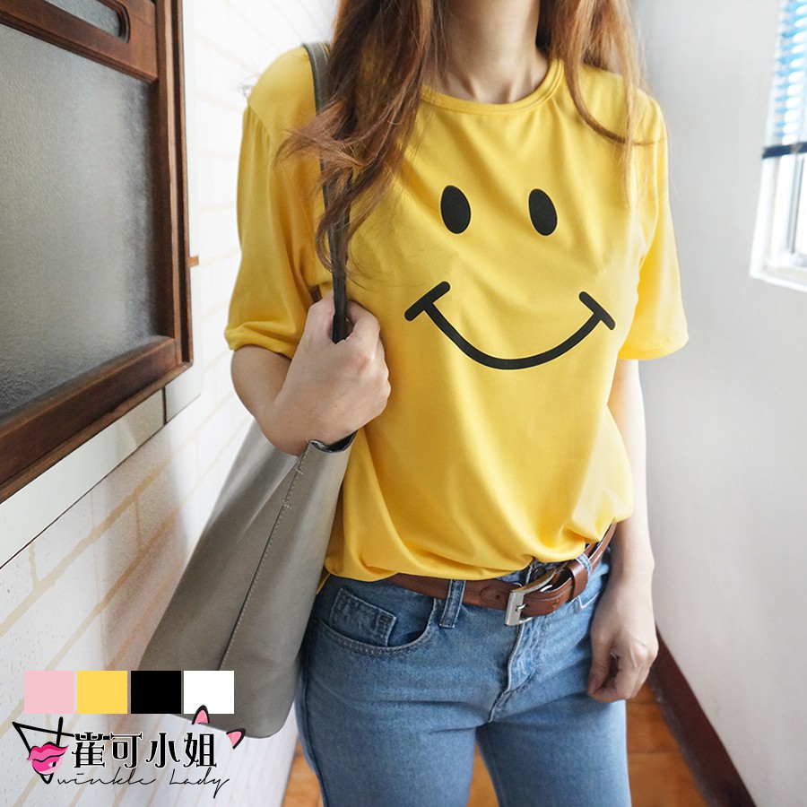 【崔可小姐】卡通微笑印花  寬鬆 柔軟牛奶絲 短袖T恤【FH0005】