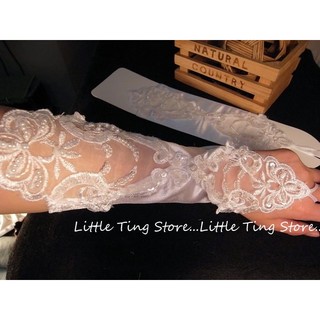 新娘秘書飾品婚禮配件半透明露指手套袖套 簍空蕾絲繡花珍珠緞面手套(長手套)cosplay 白色
