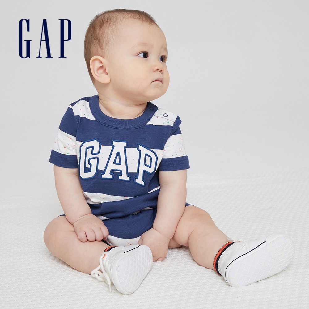 Gap 嬰兒裝 Logo純棉短袖包屁衣-藍色條紋(685041)