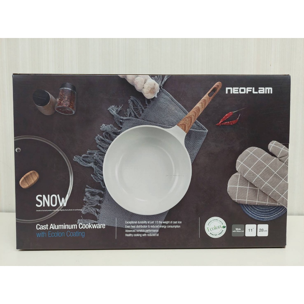 NEOFLAM Snow系列28公分炒鍋(不挑爐具，瓦斯爐電磁爐可用)+玻璃蓋