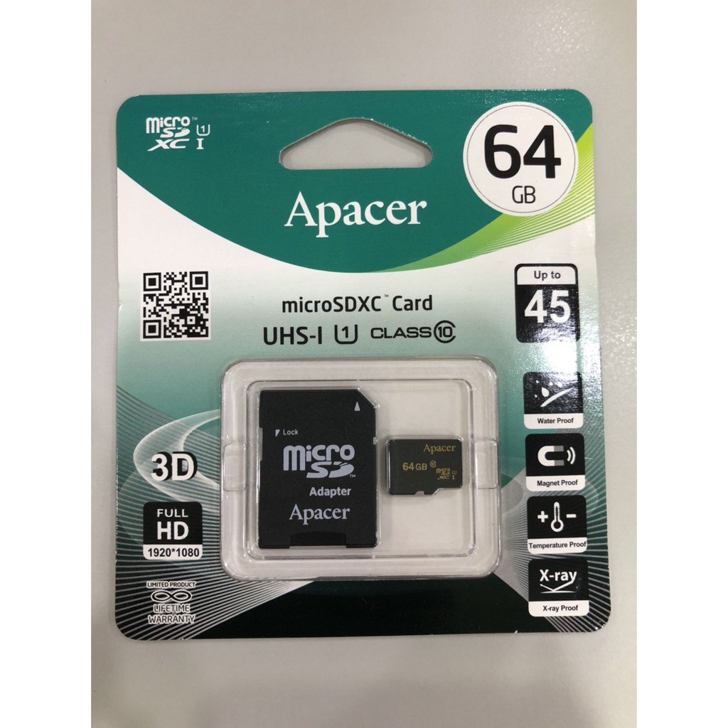 Apacer 64G SD 記憶卡 Micro SDHC Class 10 含轉接卡 吊卡裝 公司貨