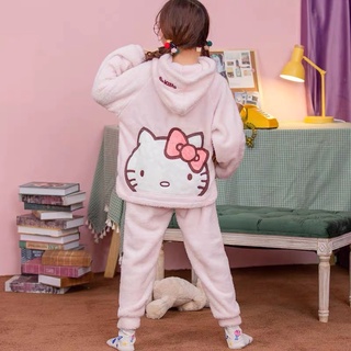 秋冬日式kitty珊瑚絨睡衣 秋冬季帶帽厚款睡衣 公主 法蘭絨