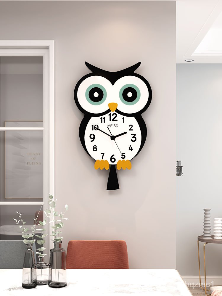 [時尚+大氣]貓頭鷹卡通鐘錶掛鐘臥室裝飾搖擺兒童時鐘靜音個性創意客廳掛錶