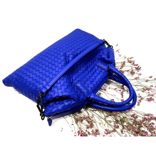 二手旗艦 BOTTEGA VENETA 寶藍色 羊皮 編織 拉鍊 肩背 手提 兩用包(中友店)13503