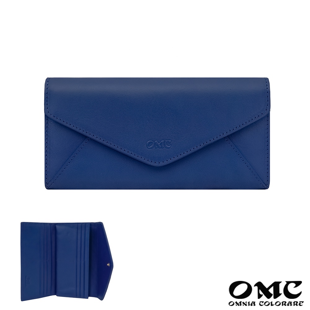 【OMC】義大利植鞣革信封式三折牛皮長夾95115(天藍)