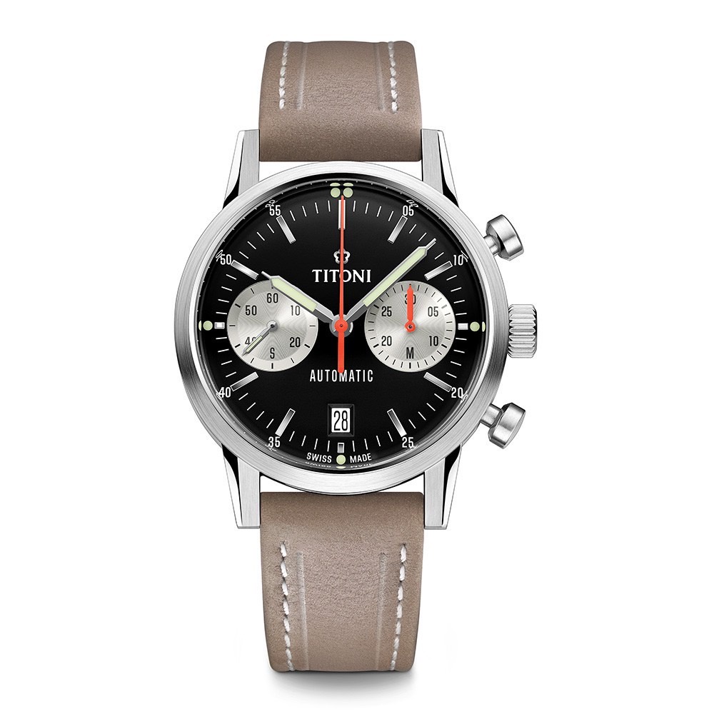 【TITONI梅花】94020S-ST-681 HERITAGE傳承系列 Felca傳奇復刻錶款 黑熊貓面雙盤計時碼錶