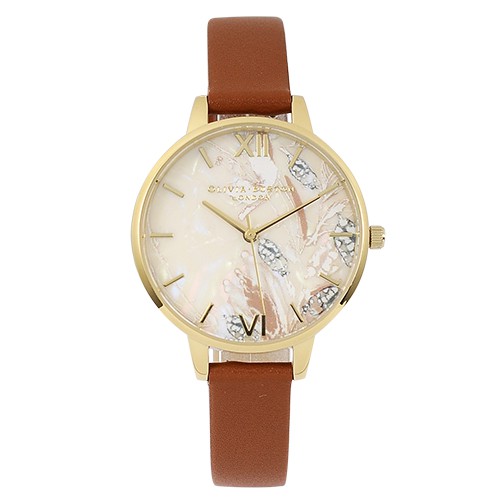Olivia Burton 英倫復古手錶 抽象花卉 棕色皮革錶帶金色錶框34mm OB16VM39