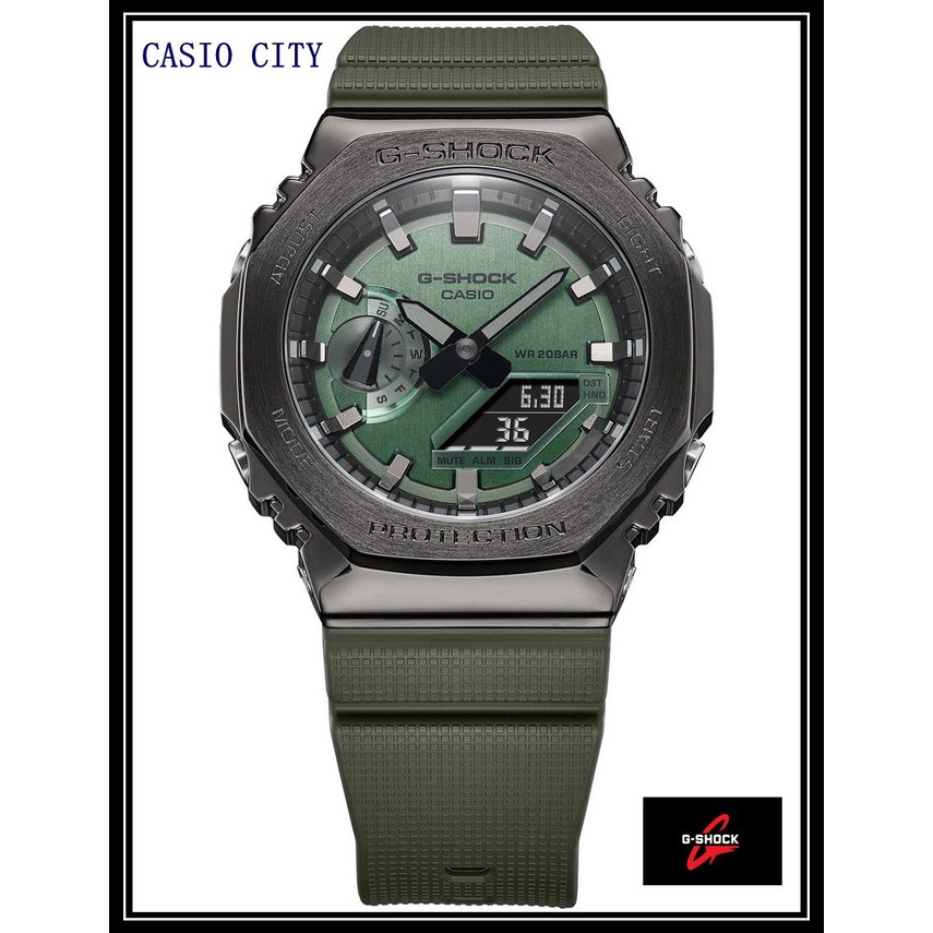 CASIO CITY~ 史上最纖薄GA-2100系列~最新八角形不鏽鋼錶圈~農家版橡樹~GM-2100B-3A(綠色)