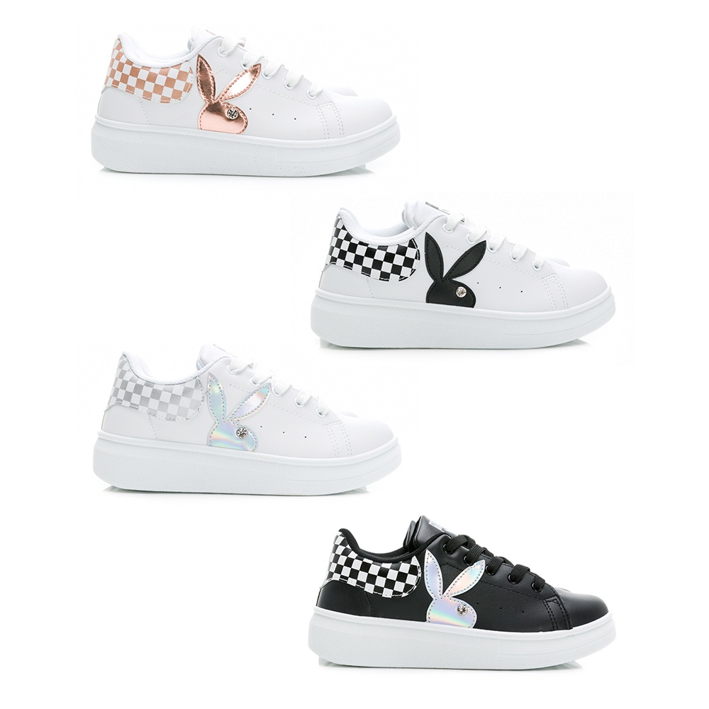 PLAYBOY 潮流賽車格兔兔小白鞋 -白黑/白銀/白玫瑰金/黑(Y8613)