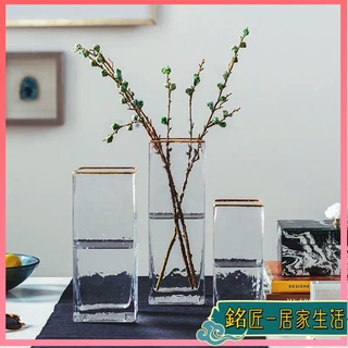 北歐風 鮮花花瓶 乾花花瓶 居家擺設 花瓶 歐式創意水培玻璃花瓶金邊方形直筒插花花器客廳餐桌軟裝裝飾擺件