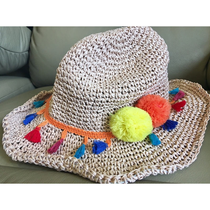 韓國編織繩毛球草帽