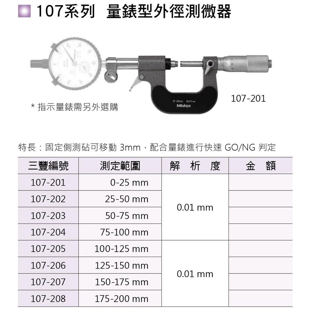 日本三豐Mitutoyo 107系列 量錶型外徑分厘卡 量錶型外徑測微器 價格請來電或留言洽詢