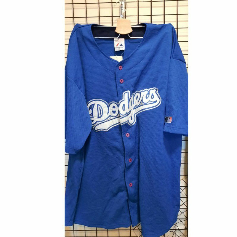 Majestic MLB 美國職棒 道奇隊 短袖開襟上衣 吸濕排汗紗  2XL號 藍色
