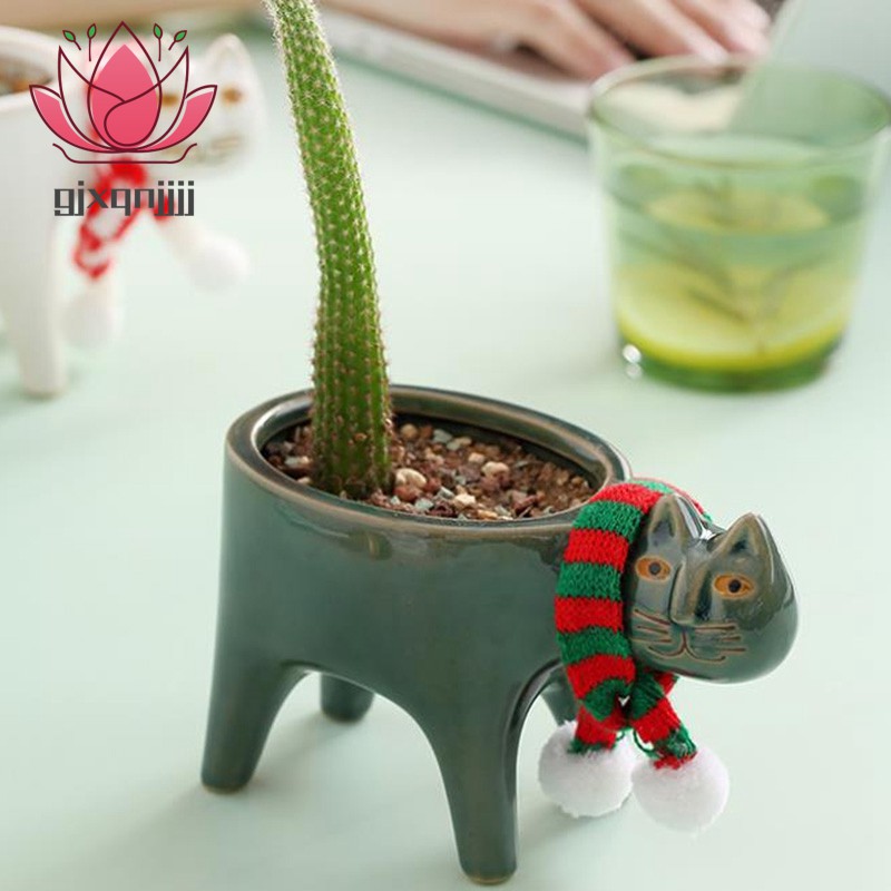 卡通貓花盆動物陶瓷花盆仙人掌多肉植物盆栽插花家居裝飾綠色 蝦皮購物