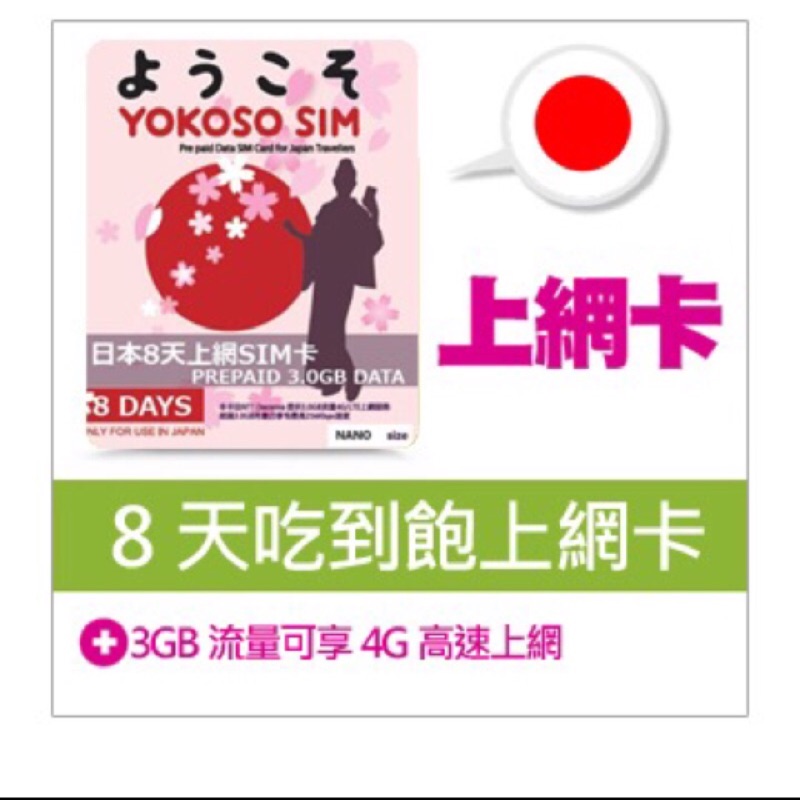 yokoso 日本上網卡 4G速度 8天共3gb