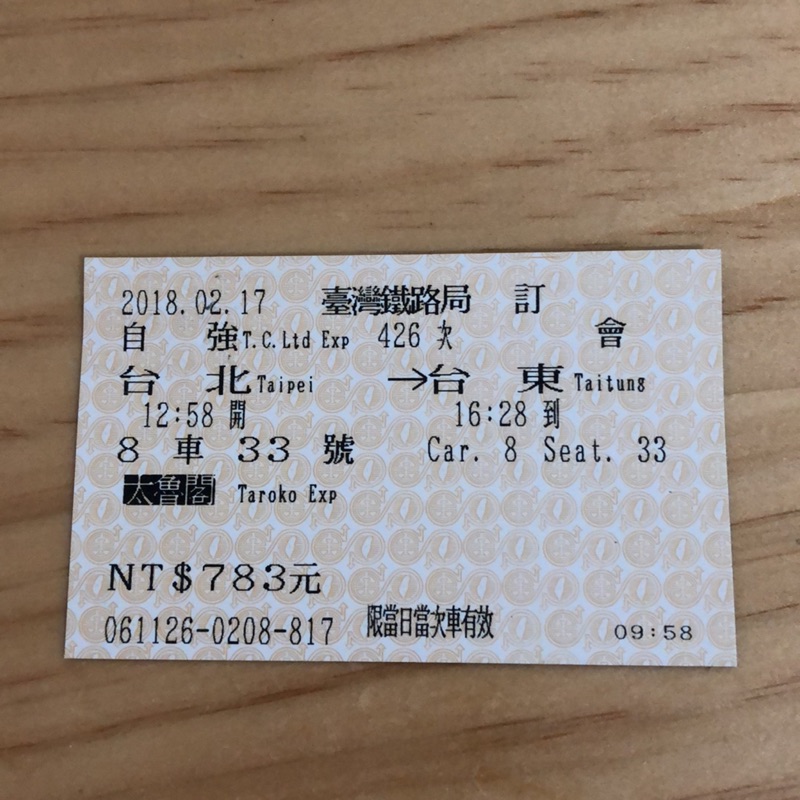台北-台東台鐵車票（太魯閣）