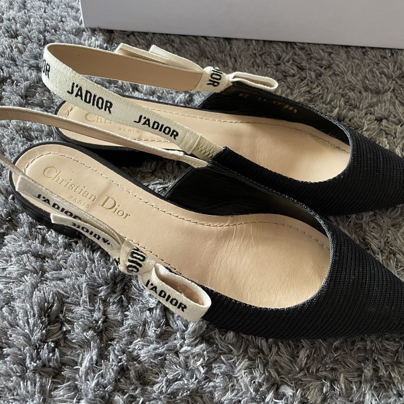 二手/正品）Dior J'ADIOR 露跟平底芭蕾舞鞋綁帶平底鞋黑色尺寸38.5 