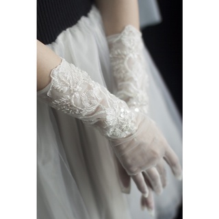吉設計 新娘 結婚 蕾絲 縫珠 網紗 手套 中長款 縫珠 細密 網紗 顯瘦 婚紗 手套 婚禮手套 蕾絲手套