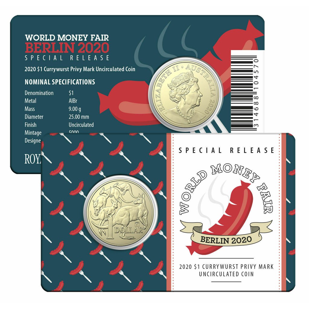 2020 澳大利亞  世界錢幣博覽會 柏林會場限定 1澳元流通幣 (德國香腸)