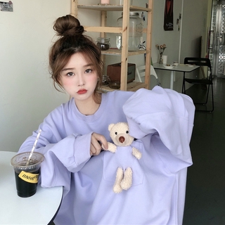 2020新款 秋季網紅 韓版寬鬆 可愛小熊 長袖紫色衛衣 女上衣外套 ins潮