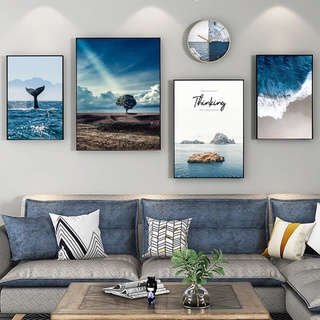 金屬外框 北歐裝飾畫 藍色海景 海洋天空 風景畫海報 客廳家居裝飾