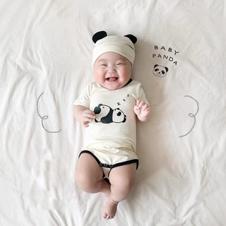 現貨🐼夏季款韓版嬰幼兒男女寶寶熊貓包屁衣 短袖包屁衣 爬服 含帽子 有可愛小尾巴 睡覺熊貓印花