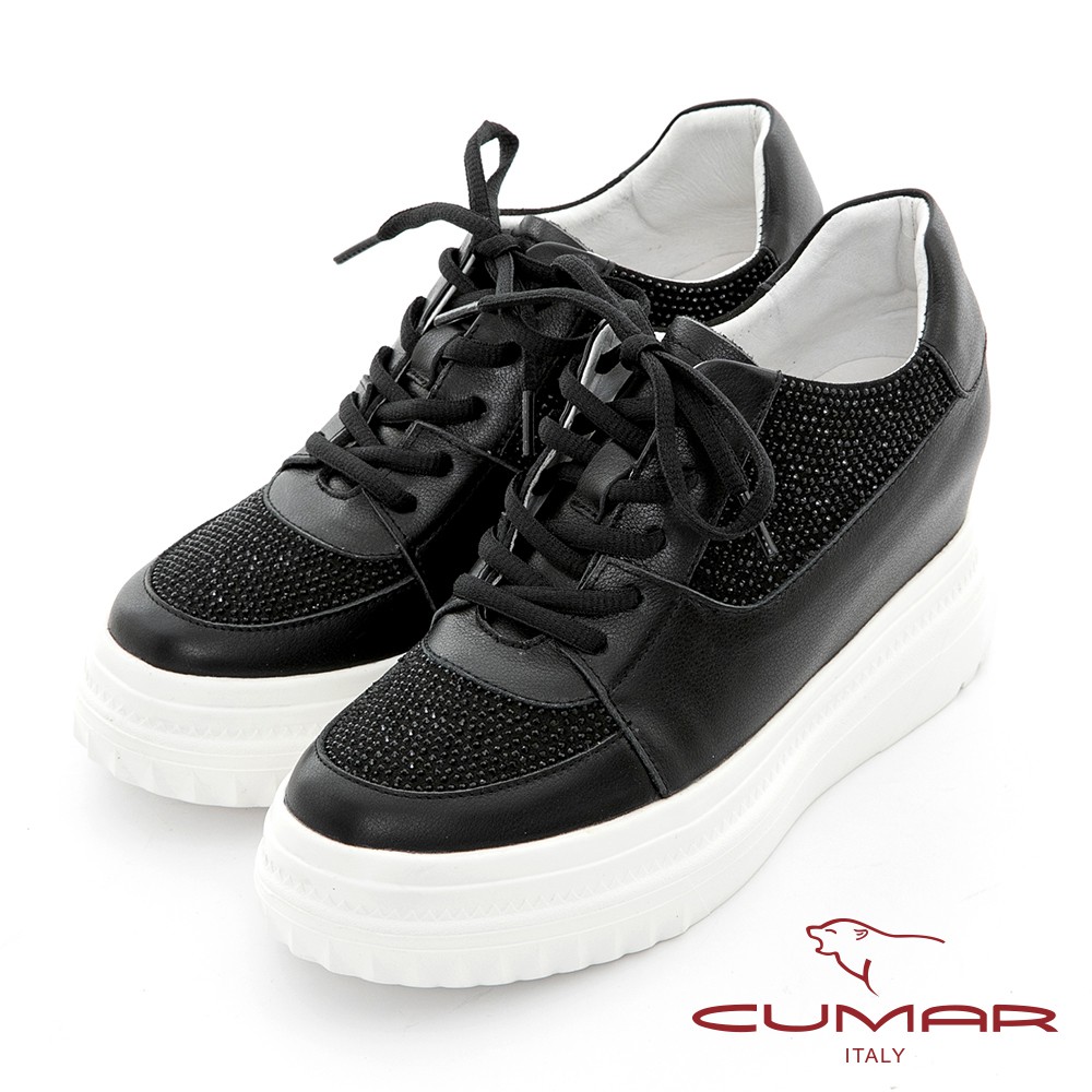【CUMAR】真皮拼接閃耀亮鑽綁帶厚底休閒鞋-黑色
