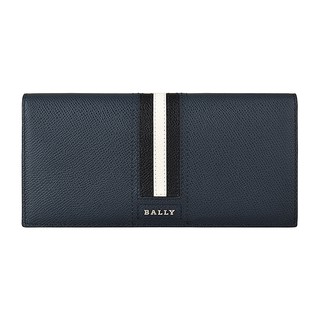 BALLY TONGY銀字LOGO防刮牛皮10卡對折長夾(深藍x黑白條紋)