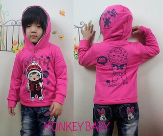 【MONKEY BABY 】桃紅色可愛圖案棉質連帽T/女童上衣(16836)