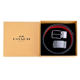 COACH PVC緹花/素面兩面用穿釦皮帶禮盒組(咖啡x紅)