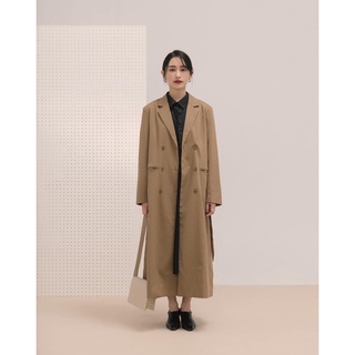 Pazzo ::: 質感時髦卡其雙排釦長版西裝大衣外套