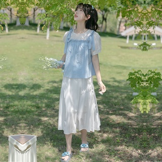 【兩件套】小清新套裝女學生拼接假二件圓領上衣半身裙
