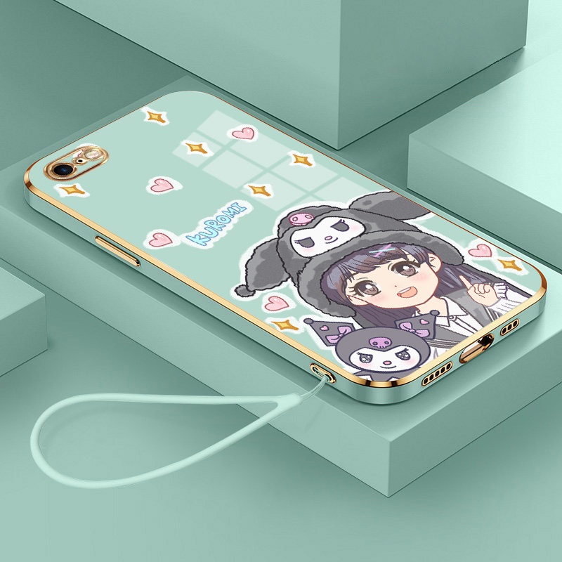 外殼 iPhone 6 6s 7 8 Plus se 2020 奢華超薄電鍍 Kuromi 女孩帶掛繩手機殼軟 TPU
