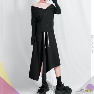 Y2 style▪️不規則抽繩及膝裙▪️Y2style歐美設計款寬鬆暗黑個性韓版中大尺碼【E31042】