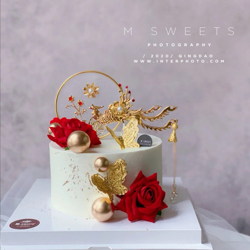 母親節系列/訂婚蛋糕裝飾插件鳳凰於飛鐵藝插件復古花環中式婚禮蛋糕甜品裝扮