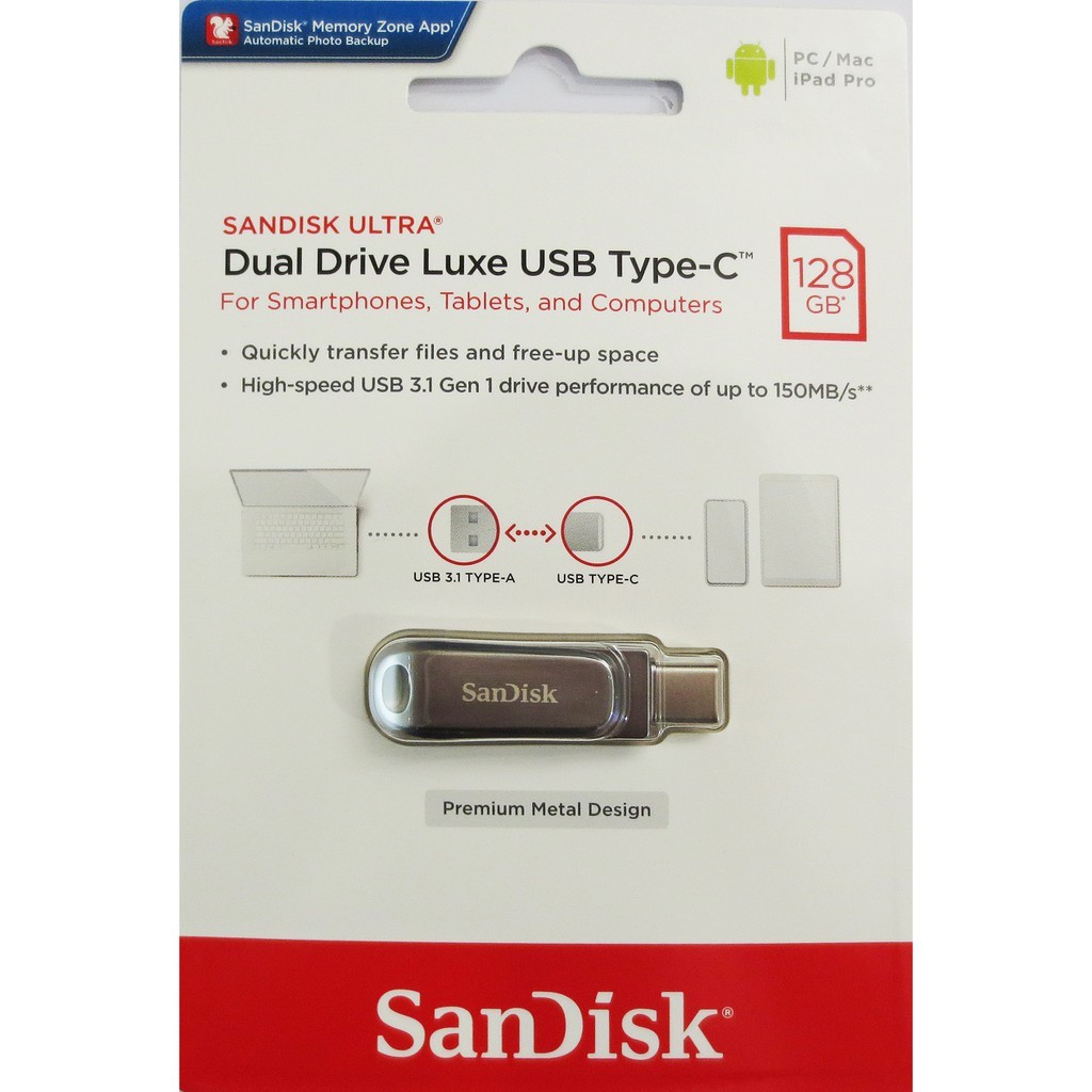 SanDisk Ultra Luxe USB A 3.1+Type-C 鋁合金 雙用隨身碟 128GB