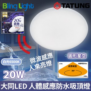 ◎Bling Light LED◎大同LED 人體感應 防水 吸頂燈/陽臺燈/浴室燈20W，微波感應，CNS認證，全電壓