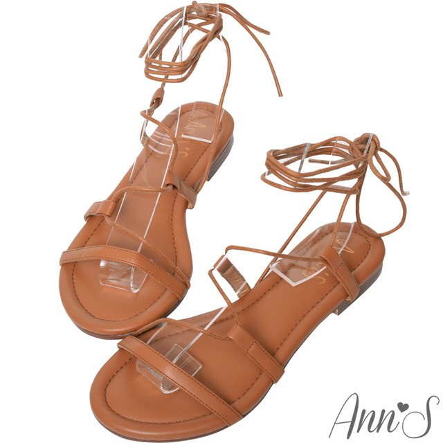 Ann’S腳部馬甲線-繫繩繞帶平底羅馬涼鞋-棕