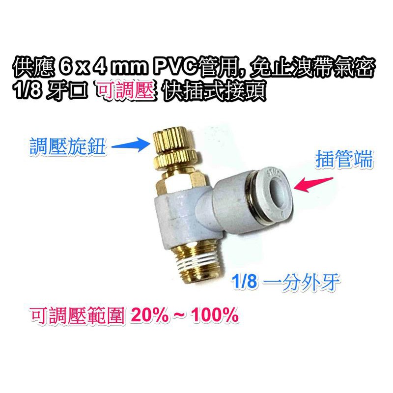 DIY 6mm空壓軟管用 可調壓 快插式接頭 ( 單一顆入, 小型空壓機專用 PVC / PE 接氣管用 )